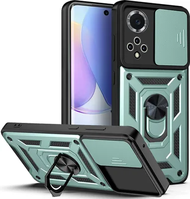 A phone case with a ring stand and camera cover is displayed with a phone inside.