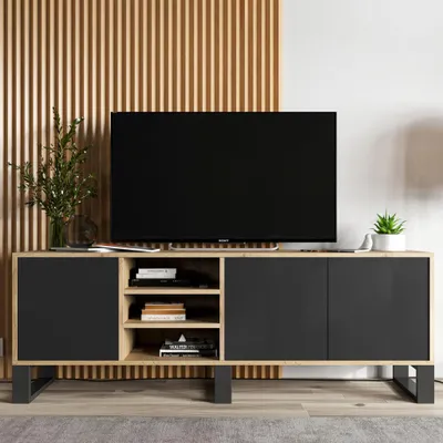 Produktbild von Loft TV-Schrank TV-Lowboard Apollo Dreitürig Loft Style Drei Metallfüße Modern Lindner Möbel 150cm x 53cm x 35cm Farbe: Wotan Eiche matt - schwarz