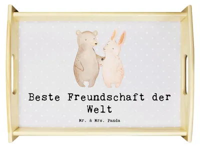 Produktbild von Mr. & Mrs. Panda Serviertablett Hase Beste Freundschaft der Welt - Grau Pastell - Geschenk, Holztablett, Freunde Fürs Leben, Bff, Freund, Freundin, holz, Geschenkidee