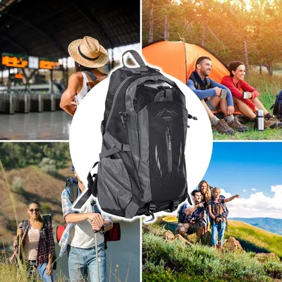 A collage of images showing people using a backpack in various outdoor and travel settings.