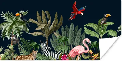 Produktbild von MuchoWow® Poster Dschungel - Pflanzen - Tiere - Kinder - Flamingo - Zebra 40x20 cm - Poster für die Wand - Poster Schlafzimmer