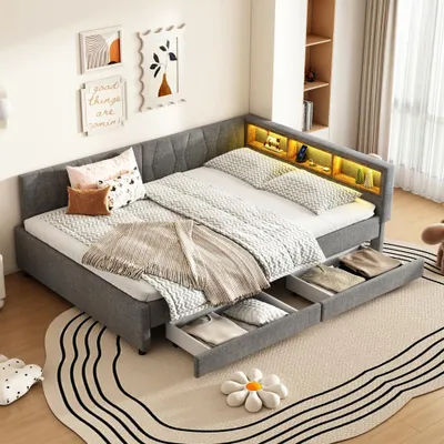 Produktbild von Daybett, Tagesbett, Schlafsofa mit USB & Type-C, LED-Lichtleiste, 2 Schubladen & Ablagefächern, Bett mit Lattenrost, ohne Matratze, Leinen in Grau, 140x200cm
