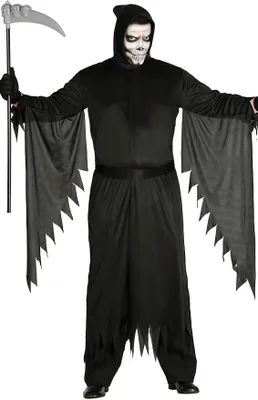Produktbild von Halloween Sensemann Kostüm Flügel Kapuze Scythe Geistergruß Totenfest, Größe: 48 - 50 (M) Farbe: Schwarz