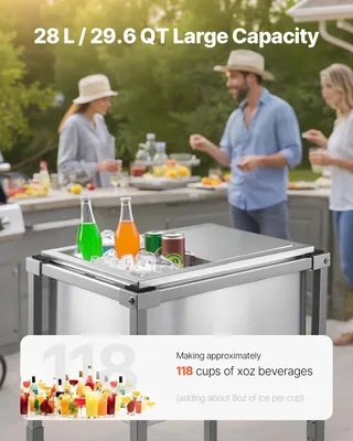 Image de 28 L, glacière sur roulettes (51 x 36 x 97 cm), refroidisseur à boissons en acier inoxydable sur roues, glacière pour l'extérieur avec espace de rangement, idéale pour un bar extérieur dans le jardin ou sur la terrasse