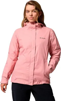 A woman wearing a pink Columbia jacket.
