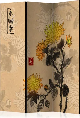 A decorative folding screen with a Japanese floral motif.