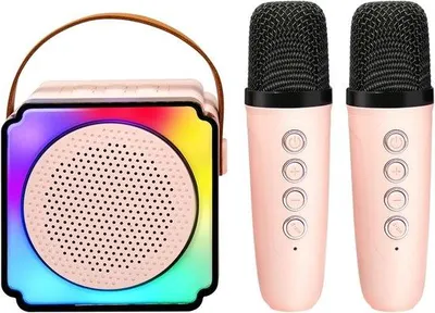 Obrázek produktu pro Karaoke pro děti se dvěma mikrofony, přenosné karaoke zařízení s LED osvětlením, skvělý dárek pro děti (chlapce i dívky) ve věku 5 až 12 let - růžové