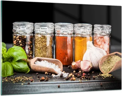 Produktbild von Bilder auf glas - Gewürze Knoblauch Holz Salz - 120x80cm - Glasbilder - Wandbilder - Kunstdruck - zum Aufhängen bereit - Wanddekoration aus Glas - Glas Bilder - Wandbild auf Glas - GAA120x80-2896
