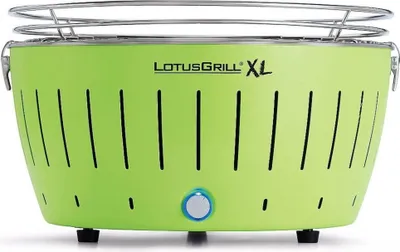 A green LotusGrill XL charcoal grill is shown against a white background.