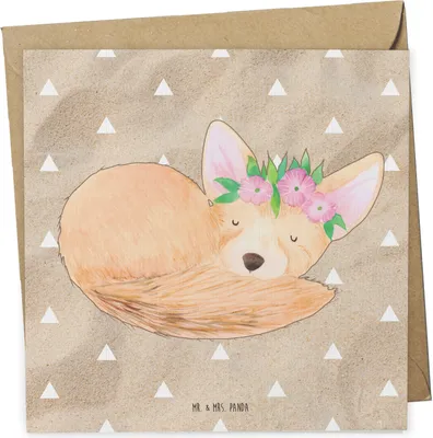 Produktbild von Mr. & Mrs. Panda Grußkarte Wüstenfuchs Blumen - Sandig - Geschenk, faltkarte, Afrika, Glücklich, doppelkarte, Klappkarte, Wüste, Glückwunschkarte, Blumenkranz