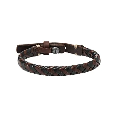 A close-up studio shot of a braided leather bracelet.