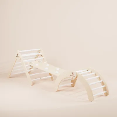 Produktbild von KINDAHOLZ 5in1 Klettergerüst Indoor-Spielplatz Set – Pikler Dreieck + Kletterbogen + 2-in-1 Rutsche mit Sicherheitsbändern, Indoor Kletterset ab 1Jahr