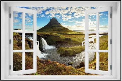 Produktbild von Wallario Wandbild mit Fenster-Illusion: Island Panorama Fluss  Berge und blauer Himmel, Größe: 61 x 91,5 cm, Poster mit schwarzem Aluminiumrahmen