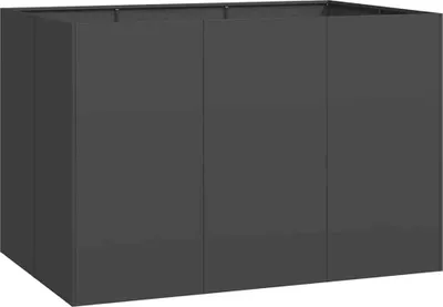 A dark gray planter box with three visible panels on the front.