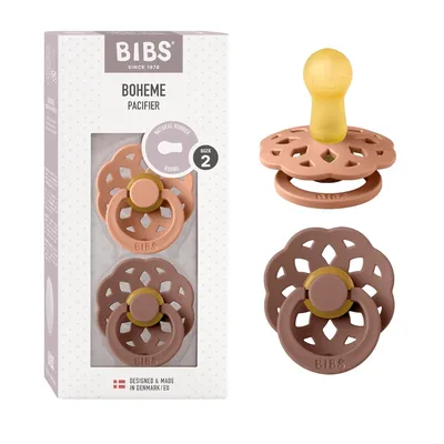 Produktbild von BIBS Boheme Schnuller 2er-Pack. BPA-frei, Kirschform Nippel. Naturkautschuk / Latex, Hergestellt in Dänemark. Größe 2 (6-18 Monate), Peach / Woodchuck