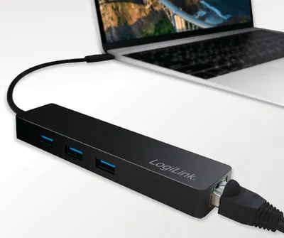 Productafbeelding van LogiLink USB-C hub met 3 poorten en Gigabit-adapter, zwart (verpakt in een vouwdoos)