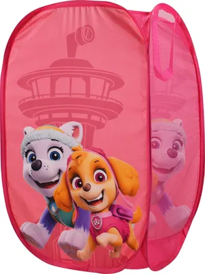A pink pop-up storage basket for children, featuring characters from Paw Patrol.