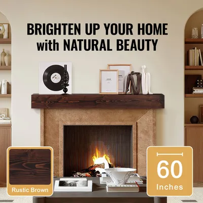 Produktbild von SucceBuy Kaminsims, 60" x 8" x 6", hält bis zu 50 lbs, Kaminsims aus Naturholz für über dem Kamin, schwebendes Bauernhausregal zur Wandmontage, handgefertigtes rustikales Dekor in Braun