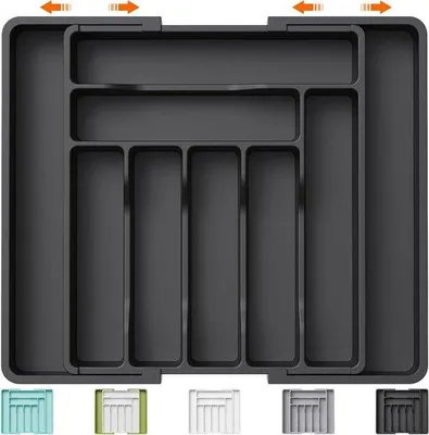 Image de Organisateur de cuisine - Extensible - Support réglable - Ustensiles de cuisine - Couverts - Grand modèle noir - Plastique