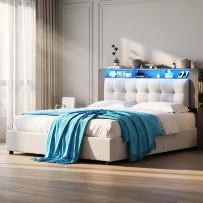 Produktbild von INONEFT hydraulisches bett 160 × 200 cm, Erwachsenenbett, polsterbett mit Stauraum und Lattenrost, Doppelbett mit kabellosem Ladegerät und LED, Samt