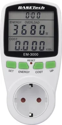 A digital energy meter plugged into a wall socket, displaying energy consumption and cost.
