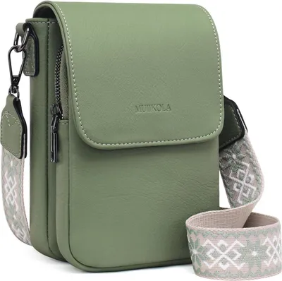 Produktbild von MUIIKOLA Damen Handytasche RFID Umhängetasche Leder Breiter Gurt abnehmbar Z-hellgrün
