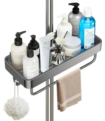 Produktbild von Duschablage ohne Bohren für Duschstange 22-25mm Grau mit Haken und Handtuchstange