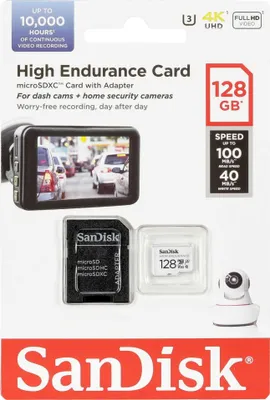 Zdjęcie produktu dla SanDisk High Endurance - Karta pamici flash (w zestawie adapter microSDXC do SD) - 128 GB - Klasa wideo V30 / UHS-I U3 / Class10 - microSDXC UHS-I