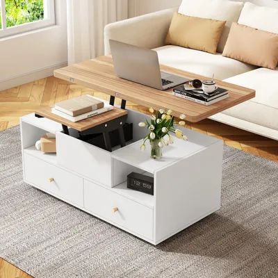 Zdjęcie produktu dla Fortuna Lai Stolik kawowy z regulacją wysokości i funkcją składania oraz 4 szufladami, 100 x 50 x 47,5 cm, jeden duży i jeden mały hydrauliczny stolik podnoszony, ruchomy stolik do salonu z uniwersalnymi kółkami, stolik do sofy