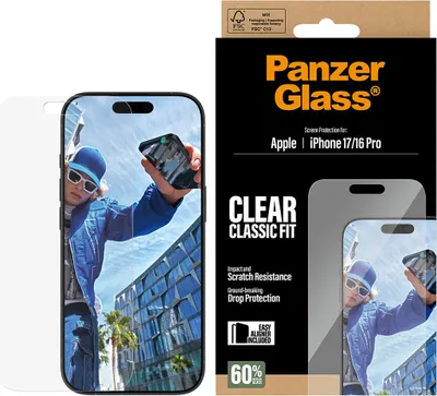 Zdjęcie produktu dla PanzerGlass ® Screen Protector iPhone 17 | iPhone 16 Pro | Classic Fit w. EasyAligner, Apple, Apple - iPhone 17, Apple - iPhone 16 Pro, Aplikacja na sucho, Odporny na zadrapania, Odporny na wstrząsy, Przezroczysty, 1 szt.