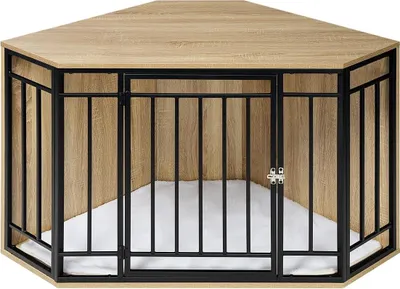 Produktbild von EUGAD Ecke-Hundekäfig mit Tür für Zuhause, Helle Eiche + Schwarz 111x67x60 cm