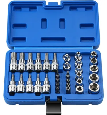 Produktbild von Steckschlüsselsatz E-Torx & Torx Bits 34-teilig CRV S2 Stahl E4-E20 T10-T60 TT10-TT55 3/8" Antrieb