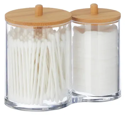 Image de TRANKIELO® - Support en plastique pour cotons-tiges avec couvercle en bambou – Organisateur pour salle de bain – Design transparent et naturel