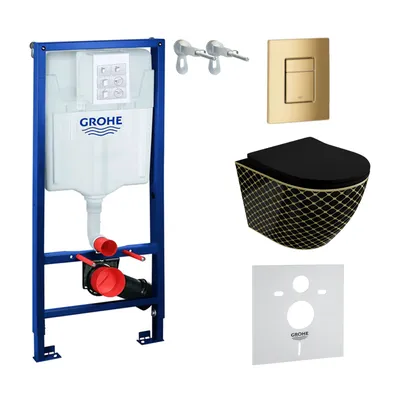Produktbild von GROHE Vorwandelement Solido + Wand Hänge WC Sofi Slim Black Night Schwarz Spülrandlos + WC-Sitz SoftClose | Goldener Knopf | Komplettset | Unterputz Spülkasten | Toilette Komplett Sett