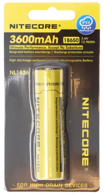 Produktbild von Nitecore Li-Ion Akku Typ 18650 3600mAh, NL1836R, mit USB-C-Ladeanschluss und Lade-Anzeige