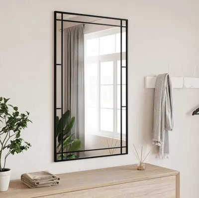 A rectangular mirror with a black frame hangs on a wall above a wooden dresser. A plant is on the left, and a scarf is draped on a hook on the right.