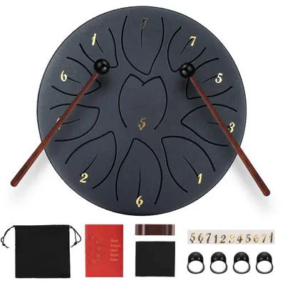 Produktbild von Steel Tongue Drum Zungentrommel aus Stahl - Percussion Handtrommel - 25 cm 11 Töne - Für Meditation, Yoga, Konzert - Outdoor Regendrum - Schwarz