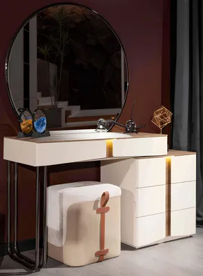 Immagine prodotto di Moderno tavolino da trucco beige Specchio di design Elegante sgabello imbottito