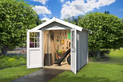 Produktbild von Gartenhaus Vaduz 209, 28 mm Wandstärke mit Doppeltür - B x T x H - 253.00 x 234.00 x 244.00 - Lichtgrau