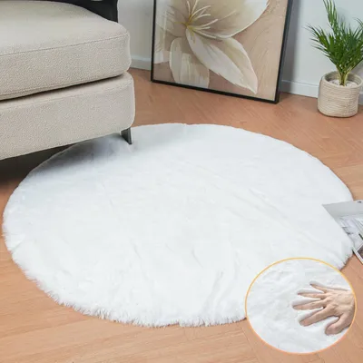 Image de Tapis rond, blanc, en Fourrure artificielle, 120 cm, lavable