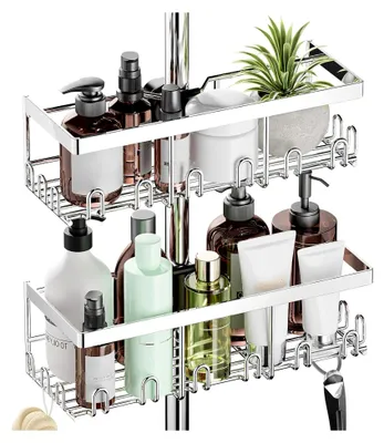 Produktbild von Duschablage ohne Bohren - 2 Stück Duschstangen-Aufbewahrungsregal aus Edelstahl für 18 mm-25 mm Duschstangen, Shampoo-Halterung für Dusche, Badezimmer-Organizer (Silber)