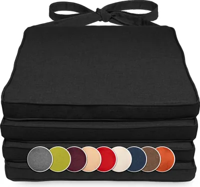 Produktbild von sunnypillow 4er Set Stuhlkissen 40 x 45 x 5cm | Polsterauflage Auflage für Stühle / Rattanstühle | Stuhlauflage mit Schleifenbändern | Indoor / Outdoor | Schwarz |