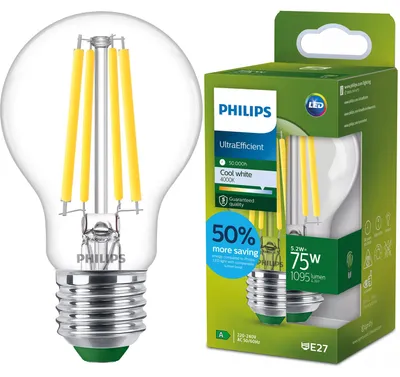 Zdjęcie produktu dla Philips Żarówka żarnikowa przezroczysta 75 W A60 E27, 5,2 W, 75 W, E27, 1095 lm, 50000 h, Zimne białe
