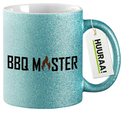 Produktbild von Huuraa Glitzertasse BBQ Master Grillen 330ml Blau Keramik Kaffeebecher Geschenkidee