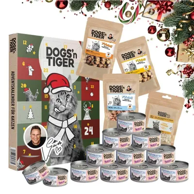 Produktbild von Dogs’n Tiger Guido Maria Kretschmer Adventskalender Katzen Box | Filet | Thunfisch & Shrimps | Premium Mahlzeiten & Snacks | Adventskalender Katze