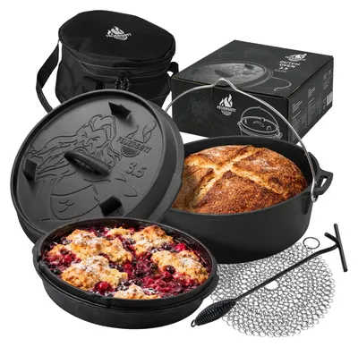 Produktbild von Feuergott Dutch Oven Set 3,5 l Gusseisen Feuertopf ohne Füße Schwarz mit Deckelheber Ringreiniger Transporttasche Outdoor Topf für Grill Feuerstelle Camping