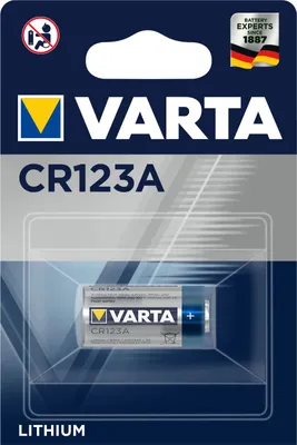 The image shows the retail packaging of a Varta CR123A lithium battery.