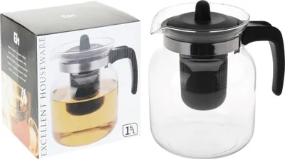 Obrázek produktu pro Čajník s infuzérem Excellent Houseware, sklo/plast, 16 x 10,5 cm, průhledný/černý