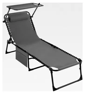 Produktbild von Klappbare Sonnenliege mit Sonnenschutz, Kopfstütze und verstellbarer Rückenlehne für Strand, Camping und Garten, Grau