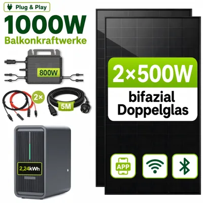 Produktbild von Balkonkraftwerk 1000W mit 2,24 kWh Speicher MARSTEK B2500-D | 2×500W bifaziale Solarmodule | 800W Mikrowechselrichter | Komplettset